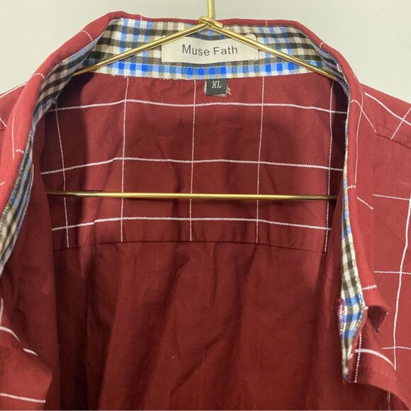 Muse Fath Mens Shirt XL Burgundy Short Sleeve Checkered 100% Cotton - Picture 3 of 4